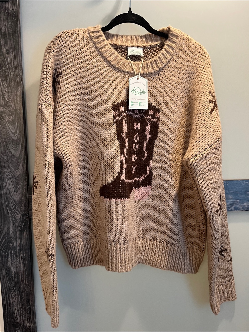 Very J Beige Crewneck Sweater with Brown Cowboy Boot Intarsia